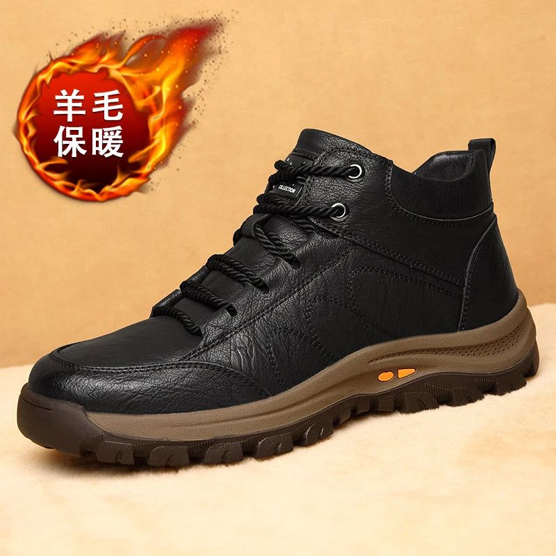 Winter Boots Men Leather Shoes Thick Sole Warm Plush Cow Leather Male Snow Boots Fashion Mens Ankle Botas