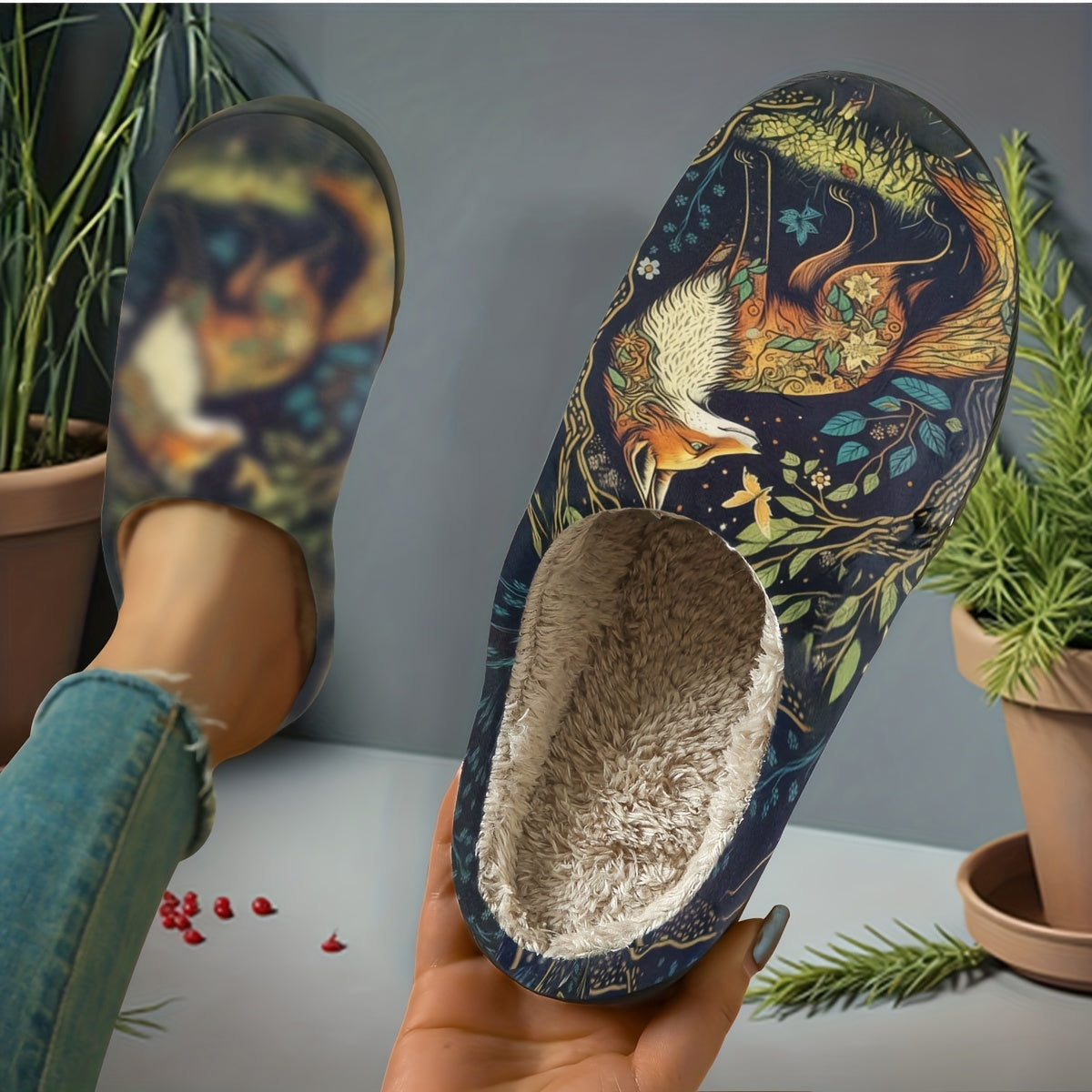 Dark Night Blossom Spirit Fox Print Home Slippers, Featuring a Fox Among Dark Night Blossoms and Foliage, with an Intricate and Mysterious Design. Soft and Warm to the Touch, These Slippers Are a Cozy, Skin-friendly Home Essential, Suitable for Both
