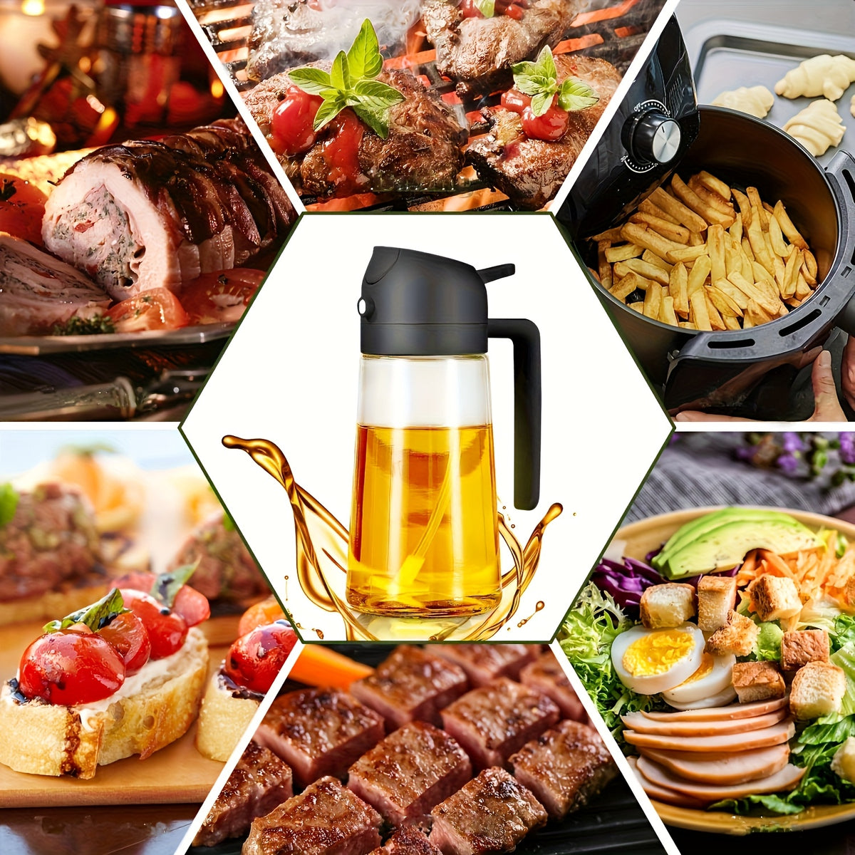 16oz Glass Oil Sprayer- 470ml Olive Oil Sprayer, 2-in-1 Kitchen Gadget, Suitable for Cooking, Salad Dressing, and Barbecue, Square Design with Black Cap, Hand Wash Only, PVC-Free