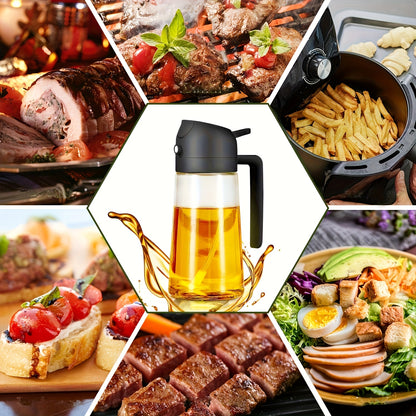 16oz Glass Oil Sprayer- 470ml Olive Oil Sprayer, 2-in-1 Kitchen Gadget, Suitable for Cooking, Salad Dressing, and Barbecue, Square Design with Black Cap, Hand Wash Only, PVC-Free