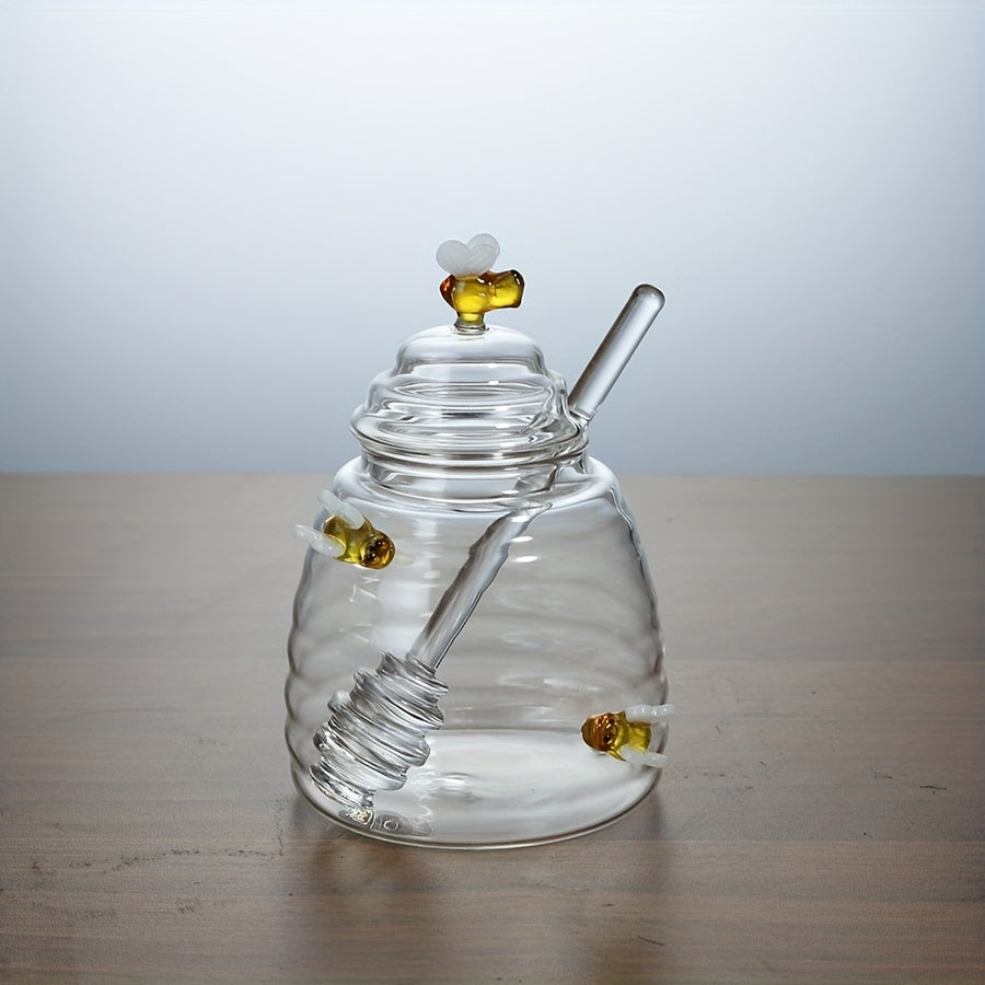 1pc Glass Honey Jar with Dipper & Lid | Transparent High Borosilicate Honey Container | Bee Decorations | Airtight Storage for Honey, Syrup & Jams