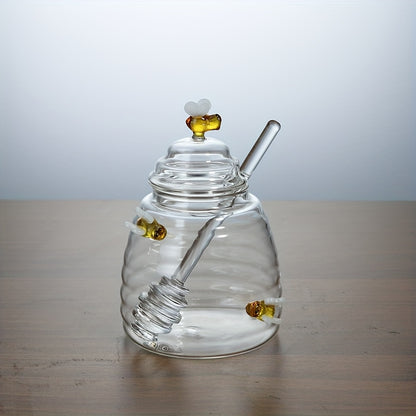 1pc Glass Honey Jar with Dipper & Lid | Transparent High Borosilicate Honey Container | Bee Decorations | Airtight Storage for Honey, Syrup & Jams