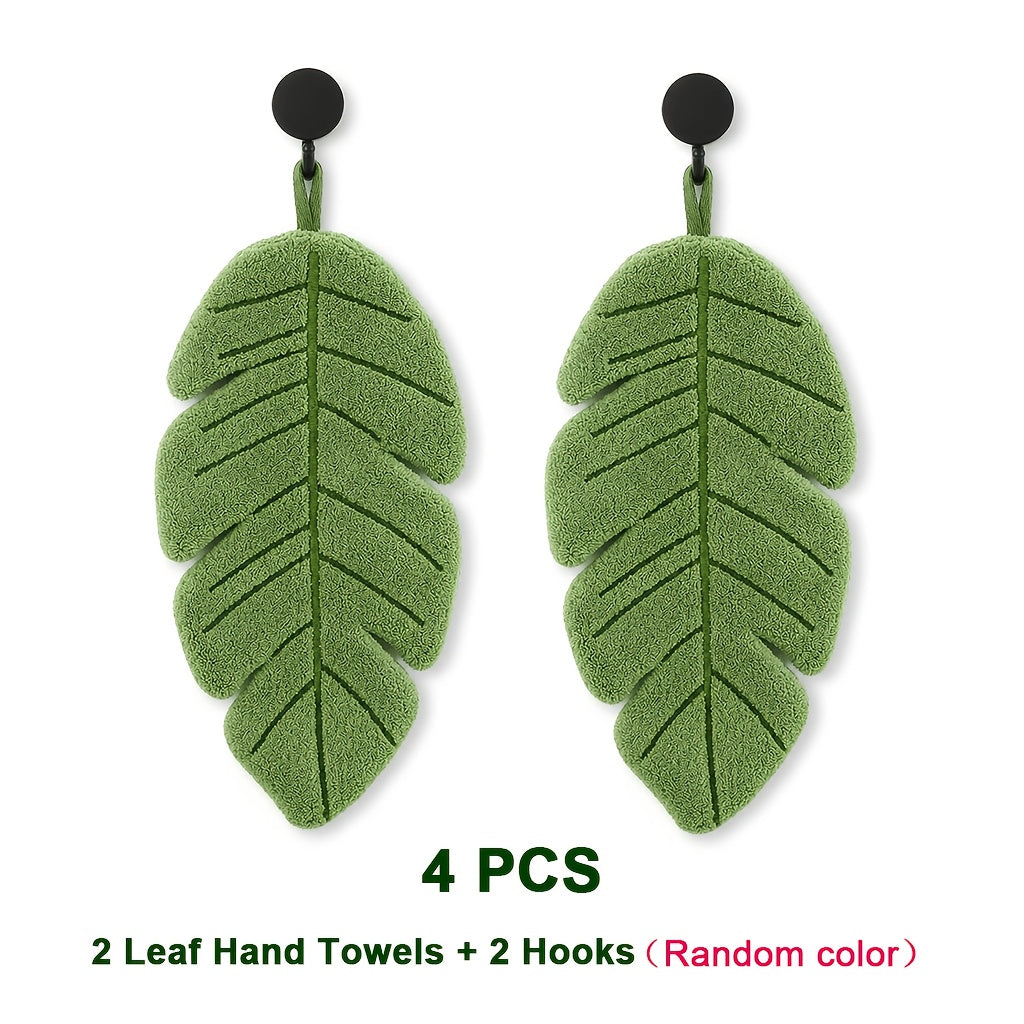 4pcs Banana Leaf Hand Towel Set (2 Towels + 2 Wall Hooks) | Coral Fleece Super Soft, Highly Absorbent & Quick-Dry | Hanging Towels for Kitchen and Bathroom | Ideal Home Decor Gift for Plant Lovers | Made in China