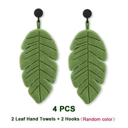 4pcs Banana Leaf Hand Towel Set (2 Towels + 2 Wall Hooks) | Coral Fleece Super Soft, Highly Absorbent & Quick-Dry | Hanging Towels for Kitchen and Bathroom | Ideal Home Decor Gift for Plant Lovers | Made in China