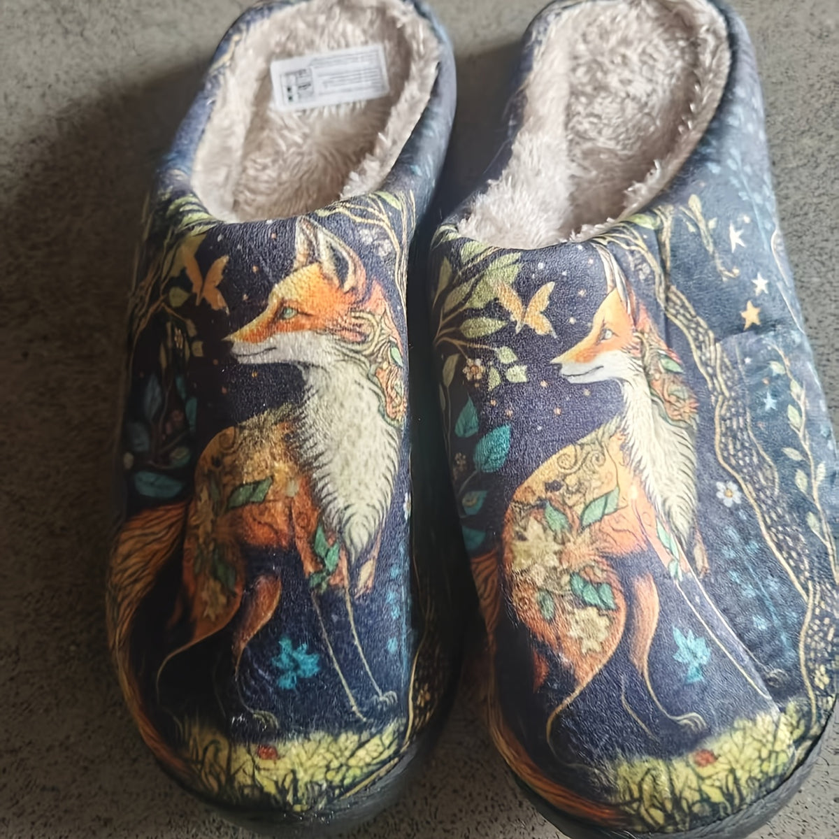 Dark Night Blossom Spirit Fox Print Home Slippers, Featuring a Fox Among Dark Night Blossoms and Foliage, with an Intricate and Mysterious Design. Soft and Warm to the Touch, These Slippers Are a Cozy, Skin-friendly Home Essential, Suitable for Both