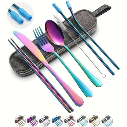 Portable Cutlery Set, 8pcs Travel Camping Utensil Kit with Fork, Spoon, Chopsticks, Cleaning Brush, Straw, and Carrying Case, Stainless Steel Cutlery Set