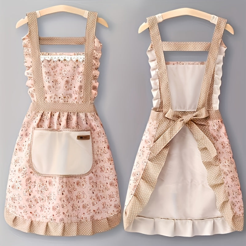 1pc Floral Princess Apron, Adjustable H-Shaped Straps, Hand-Wipe Pocket, Random Floral Pattern, Polyester Fiber - Ideal for Cooking, Baking, Flowers, Princess, Apron, Adjustable Straps, Restaurant Chef Apron Workwear, Kitchen Supplies