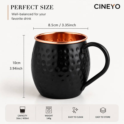 CINEYO Black Pure Copper Hammered Mug, Handcrafted Textured Copper Lined Coffee Cup with Sturdy Ergonomic Handle, Large Multipurpose Drinking Vessel for Coffee Tea Juice, Unique Hammer Pattern Metal Drinkware for Home Office Daily Use