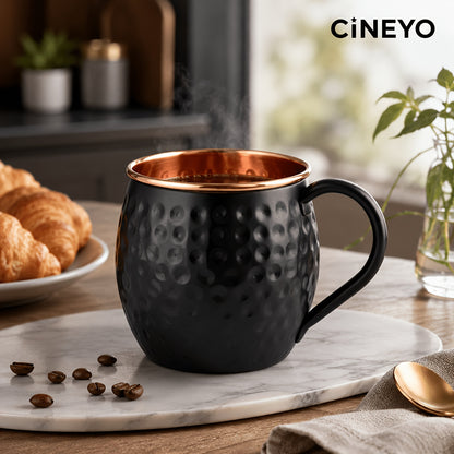 CINEYO Black Pure Copper Hammered Mug, Handcrafted Textured Copper Lined Coffee Cup with Sturdy Ergonomic Handle, Large Multipurpose Drinking Vessel for Coffee Tea Juice, Unique Hammer Pattern Metal Drinkware for Home Office Daily Use