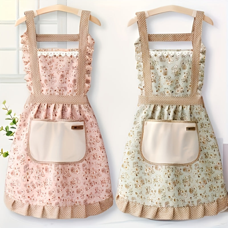 1pc Floral Princess Apron, Adjustable H-Shaped Straps, Hand-Wipe Pocket, Random Floral Pattern, Polyester Fiber - Ideal for Cooking, Baking, Flowers, Princess, Apron, Adjustable Straps, Restaurant Chef Apron Workwear, Kitchen Supplies