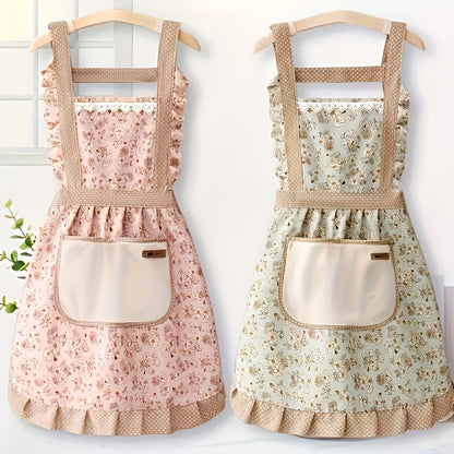 1pc Floral Princess Apron, Adjustable H-Shaped Straps, Hand-Wipe Pocket, Random Floral Pattern, Polyester Fiber - Ideal for Cooking, Baking, Flowers, Princess, Apron, Adjustable Straps, Restaurant Chef Apron Workwear, Kitchen Supplies