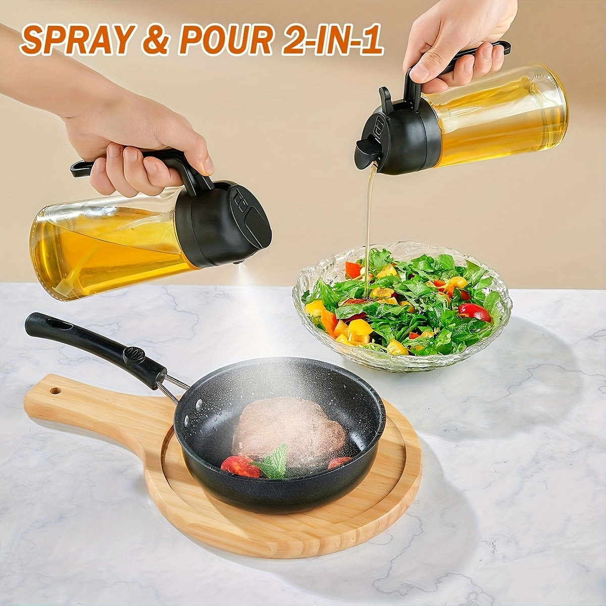 16oz Glass Oil Sprayer- 470ml Olive Oil Sprayer, 2-in-1 Kitchen Gadget, Suitable for Cooking, Salad Dressing, and Barbecue, Square Design with Black Cap, Hand Wash Only, PVC-Free