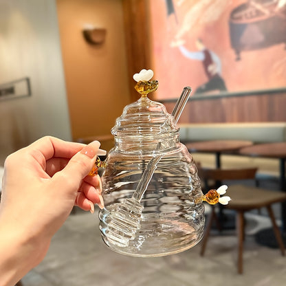 1pc Glass Honey Jar with Dipper & Lid | Transparent High Borosilicate Honey Container | Bee Decorations | Airtight Storage for Honey, Syrup & Jams