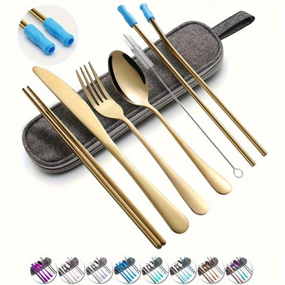 Portable Cutlery Set, 8pcs Travel Camping Utensil Kit with Fork, Spoon, Chopsticks, Cleaning Brush, Straw, and Carrying Case, Stainless Steel Cutlery Set