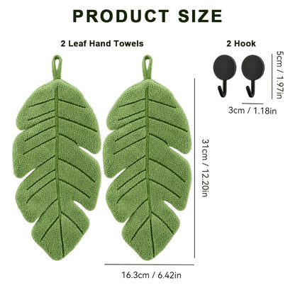 4pcs Banana Leaf Hand Towel Set (2 Towels + 2 Wall Hooks) | Coral Fleece Super Soft, Highly Absorbent & Quick-Dry | Hanging Towels for Kitchen and Bathroom | Ideal Home Decor Gift for Plant Lovers | Made in China