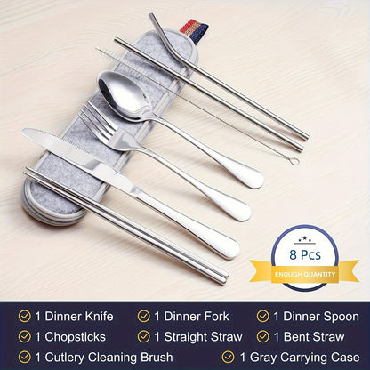 Portable Cutlery Set, 8pcs Travel Camping Utensil Kit with Fork, Spoon, Chopsticks, Cleaning Brush, Straw, and Carrying Case, Stainless Steel Cutlery Set