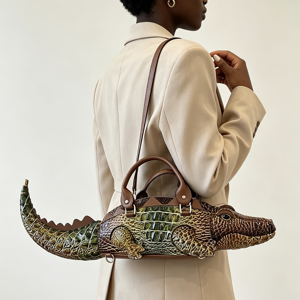 3D Crocodile-Print Handbag with Detachable Straps - Convertible Crossbody & Backpack, Punk Style Suitable for,, Travel, Zipper Closure, Multifunctional Shoulder for Daily Use