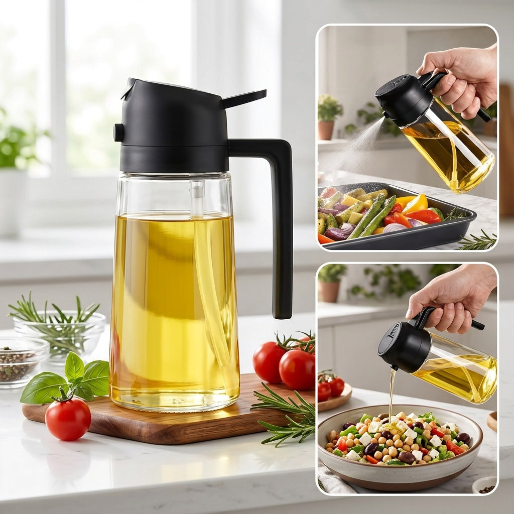 16oz Glass Oil Sprayer- 470ml Olive Oil Sprayer, 2-in-1 Kitchen Gadget, Suitable for Cooking, Salad Dressing, and Barbecue, Square Design with Black Cap, Hand Wash Only, PVC-Free