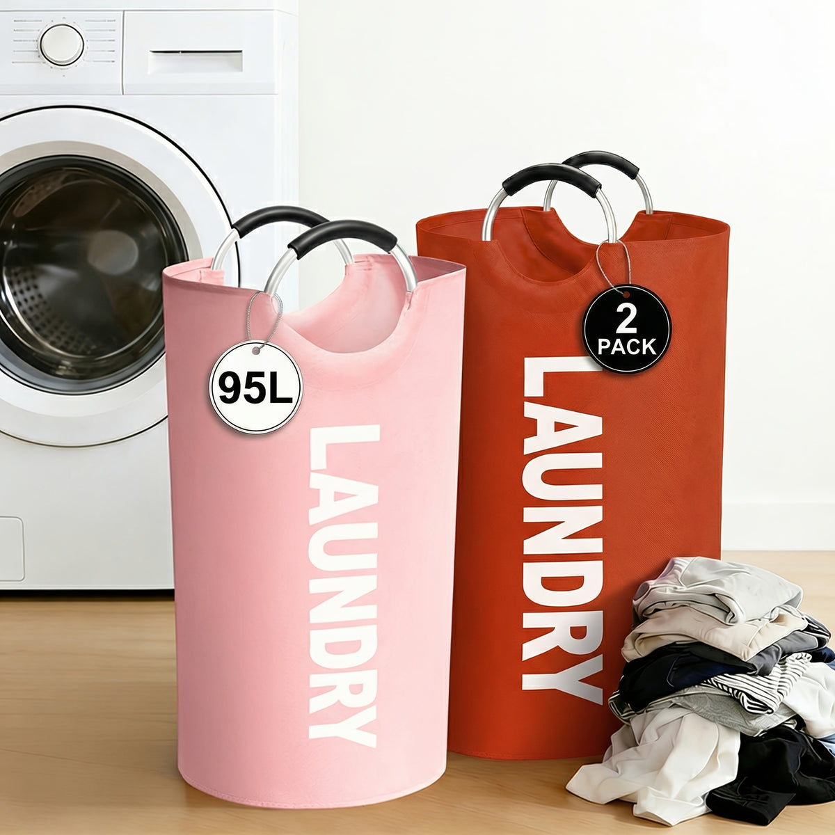 2pcs Large Laundry Basket | Foldable, Elevated, High Quality With Half Ring Handle Design | Brand: Moonrise