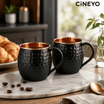 CINEYO Black Pure Copper Hammered Mug, Handcrafted Textured Copper Lined Coffee Cup with Sturdy Ergonomic Handle, Large Multipurpose Drinking Vessel for Coffee Tea Juice, Unique Hammer Pattern Metal Drinkware for Home Office Daily Use