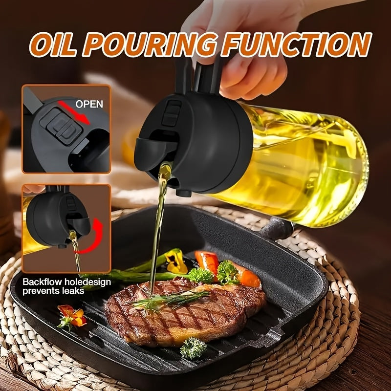16oz Glass Oil Sprayer- 470ml Olive Oil Sprayer, 2-in-1 Kitchen Gadget, Suitable for Cooking, Salad Dressing, and Barbecue, Square Design with Black Cap, Hand Wash Only, PVC-Free