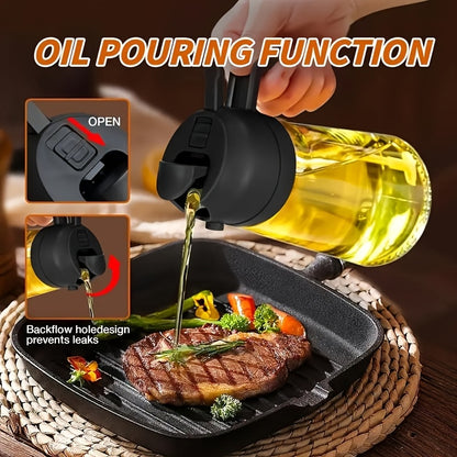 16oz Glass Oil Sprayer- 470ml Olive Oil Sprayer, 2-in-1 Kitchen Gadget, Suitable for Cooking, Salad Dressing, and Barbecue, Square Design with Black Cap, Hand Wash Only, PVC-Free