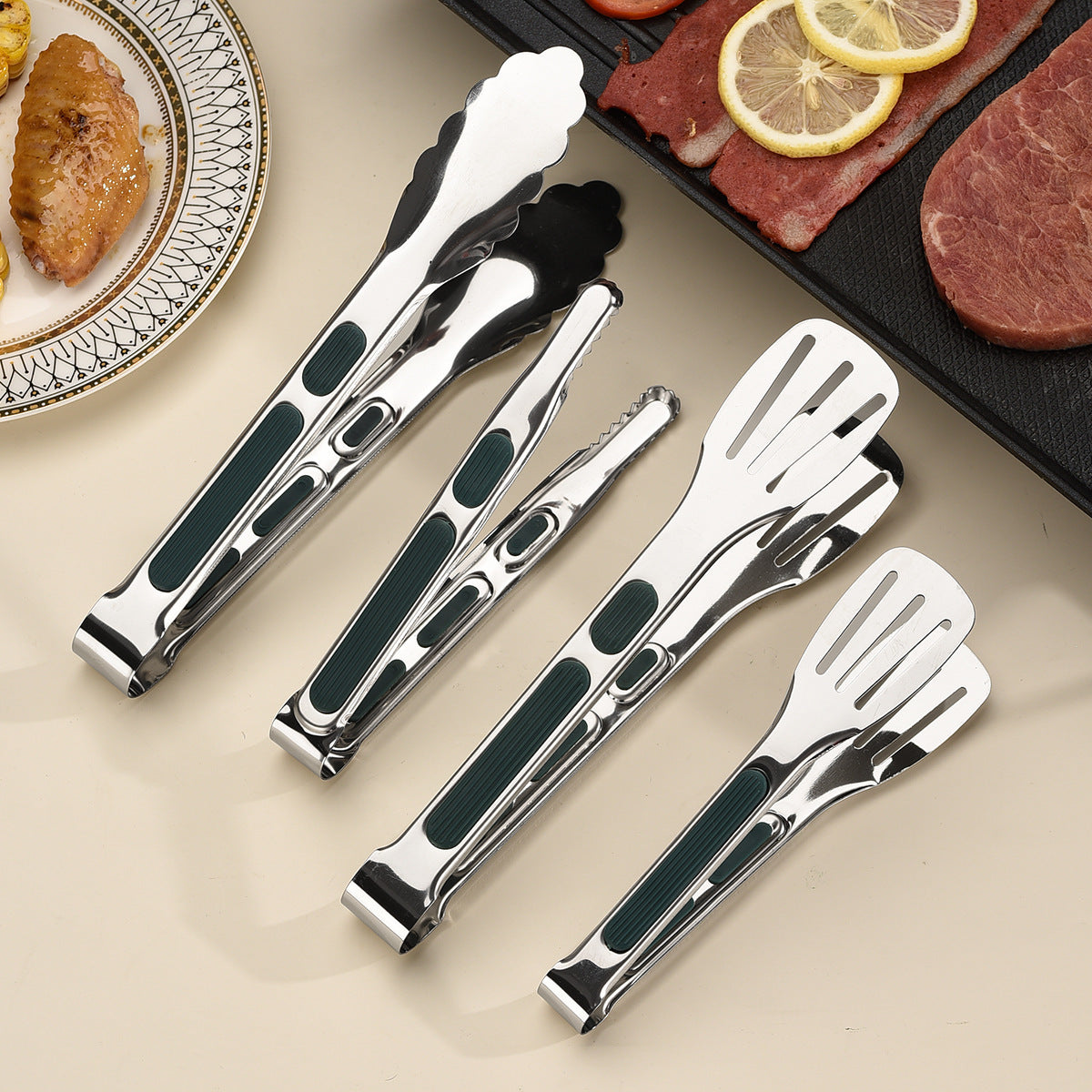 Set of 3 Stainless Steel Food Tongs, Ideal for Buffet And Barbecue, Featuring Silicone Grips for Handling Steak And Other Foods