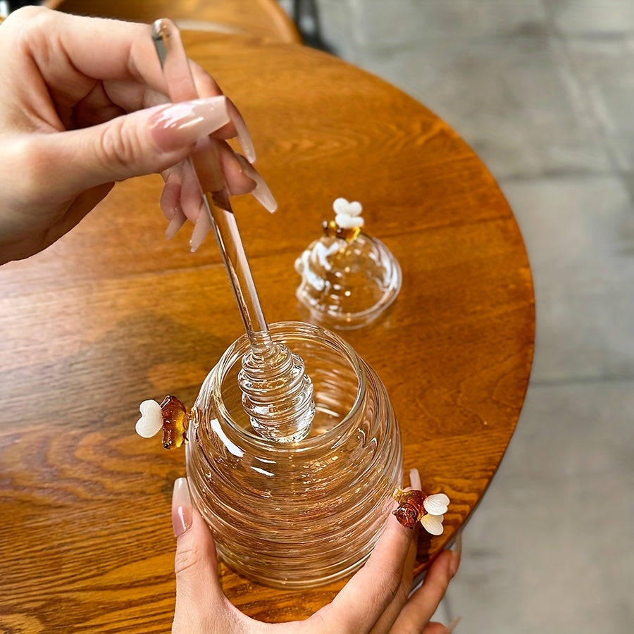 1pc Glass Honey Jar with Dipper & Lid | Transparent High Borosilicate Honey Container | Bee Decorations | Airtight Storage for Honey, Syrup & Jams