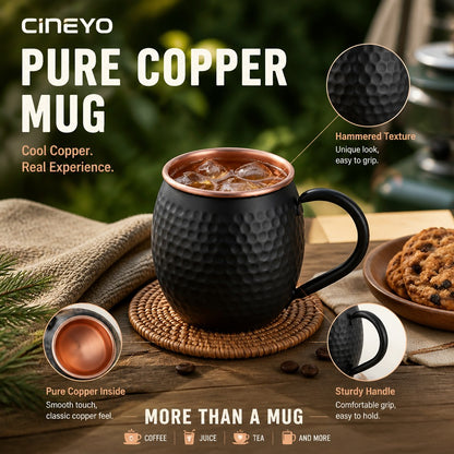 CINEYO Black Pure Copper Hammered Mug, Handcrafted Textured Copper Lined Coffee Cup with Sturdy Ergonomic Handle, Large Multipurpose Drinking Vessel for Coffee Tea Juice, Unique Hammer Pattern Metal Drinkware for Home Office Daily Use