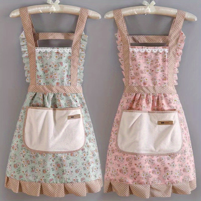 1pc Floral Princess Apron, Adjustable H-Shaped Straps, Hand-Wipe Pocket, Random Floral Pattern, Polyester Fiber - Ideal for Cooking, Baking, Flowers, Princess, Apron, Adjustable Straps, Restaurant Chef Apron Workwear, Kitchen Supplies