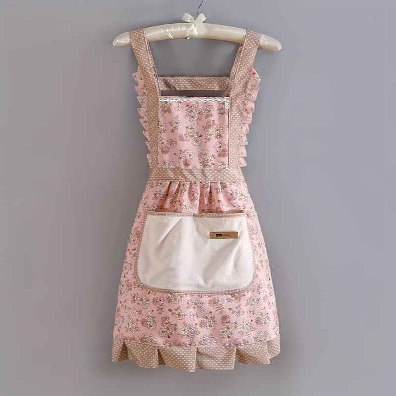 1pc Floral Princess Apron, Adjustable H-Shaped Straps, Hand-Wipe Pocket, Random Floral Pattern, Polyester Fiber - Ideal for Cooking, Baking, Flowers, Princess, Apron, Adjustable Straps, Restaurant Chef Apron Workwear, Kitchen Supplies
