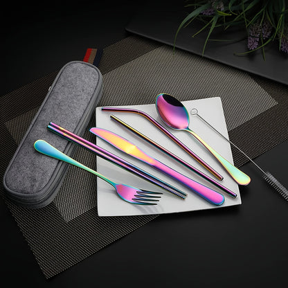 Portable Cutlery Set, 8pcs Travel Camping Utensil Kit with Fork, Spoon, Chopsticks, Cleaning Brush, Straw, and Carrying Case, Stainless Steel Cutlery Set