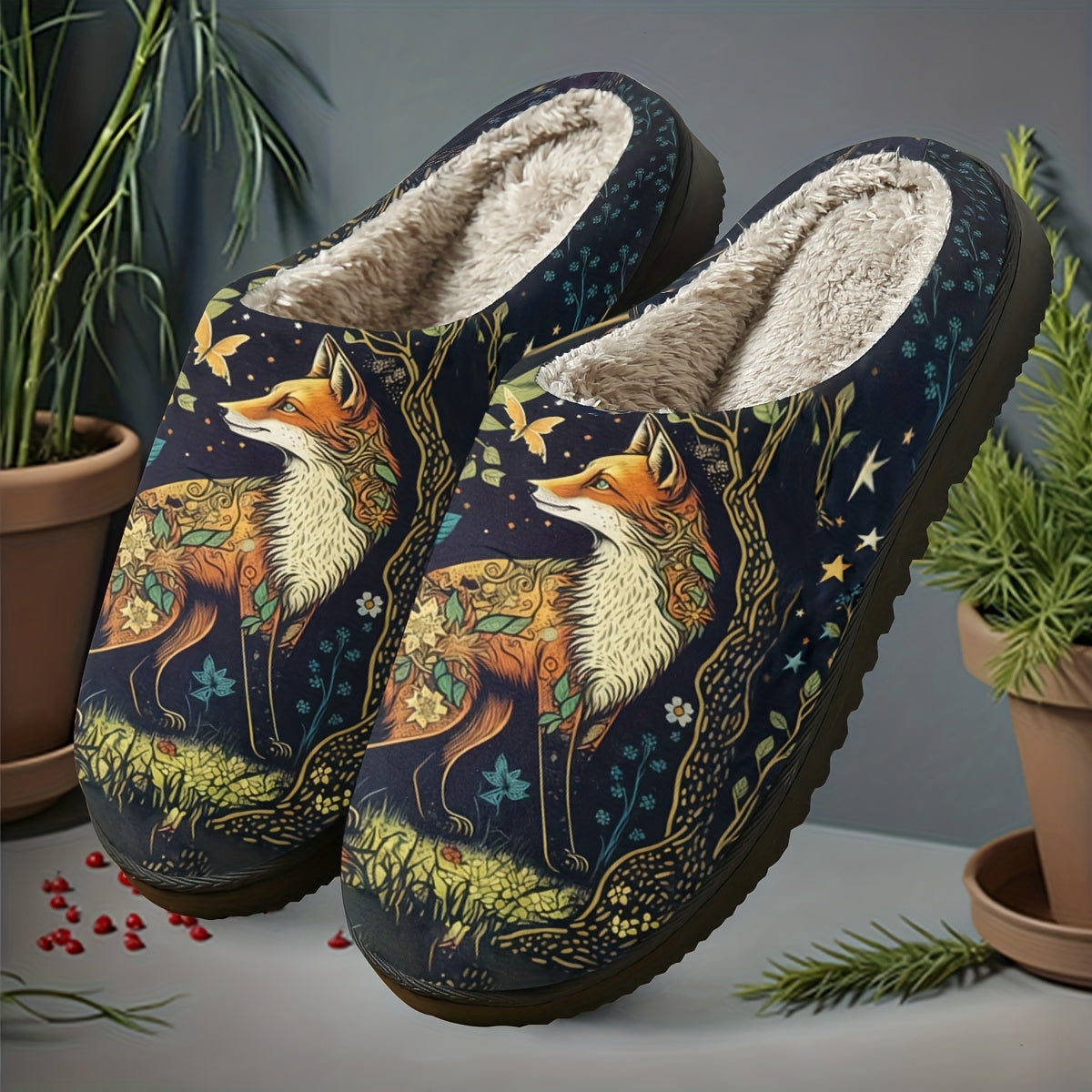 Dark Night Blossom Spirit Fox Print Home Slippers, Featuring a Fox Among Dark Night Blossoms and Foliage, with an Intricate and Mysterious Design. Soft and Warm to the Touch, These Slippers Are a Cozy, Skin-friendly Home Essential, Suitable for Both