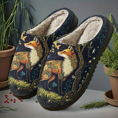 Dark Night Blossom Spirit Fox Print Home Slippers, Featuring a Fox Among Dark Night Blossoms and Foliage, with an Intricate and Mysterious Design. Soft and Warm to the Touch, These Slippers Are a Cozy, Skin-friendly Home Essential, Suitable for Both