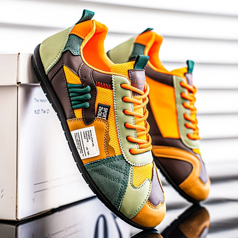 Lightweight Sneakers] Zhenyuezu Men's Lightweight Breathable Sneakers | All-Season Low-Top Lace-Up Shoes with Anti-Slip PVC Sole, Vibrant Color Block Design for Outdoor Hiking, Casual Streetwear & Daily Use - Durable Fashionable Christmas Gift,Tongue