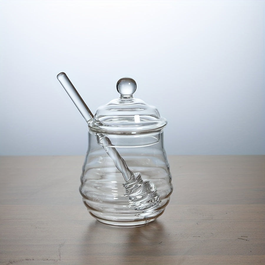 1pc Glass Honey Jar with Dipper & Lid | Transparent High Borosilicate Honey Container | Bee Decorations | Airtight Storage for Honey, Syrup & Jams