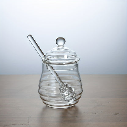 1pc Glass Honey Jar with Dipper & Lid | Transparent High Borosilicate Honey Container | Bee Decorations | Airtight Storage for Honey, Syrup & Jams