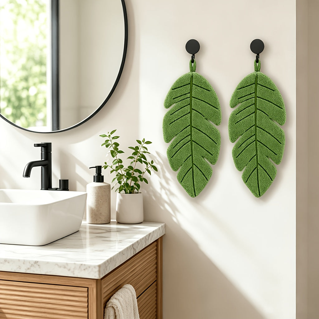 4pcs Banana Leaf Hand Towel Set (2 Towels + 2 Wall Hooks) | Coral Fleece Super Soft, Highly Absorbent & Quick-Dry | Hanging Towels for Kitchen and Bathroom | Ideal Home Decor Gift for Plant Lovers | Made in China