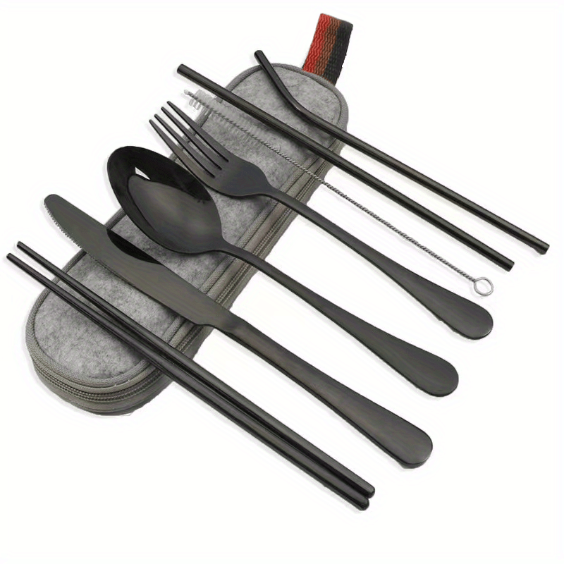 Portable Cutlery Set, 8pcs Travel Camping Utensil Kit with Fork, Spoon, Chopsticks, Cleaning Brush, Straw, and Carrying Case, Stainless Steel Cutlery Set