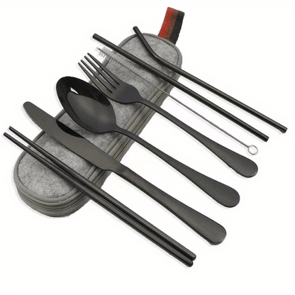 Portable Cutlery Set, 8pcs Travel Camping Utensil Kit with Fork, Spoon, Chopsticks, Cleaning Brush, Straw, and Carrying Case, Stainless Steel Cutlery Set