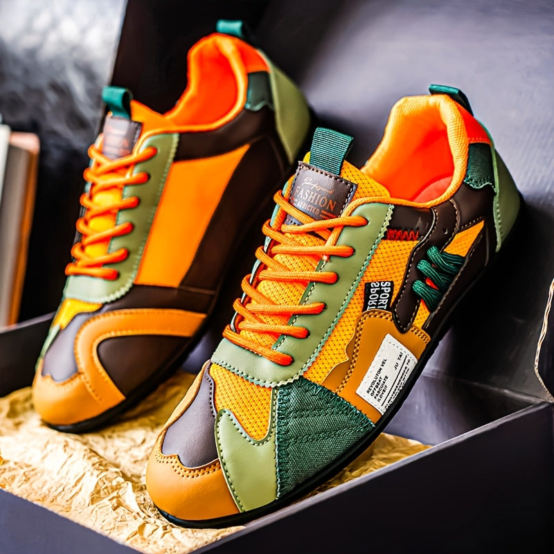 Lightweight Sneakers] Zhenyuezu Men's Lightweight Breathable Sneakers | All-Season Low-Top Lace-Up Shoes with Anti-Slip PVC Sole, Vibrant Color Block Design for Outdoor Hiking, Casual Streetwear & Daily Use - Durable Fashionable Christmas Gift,Tongue