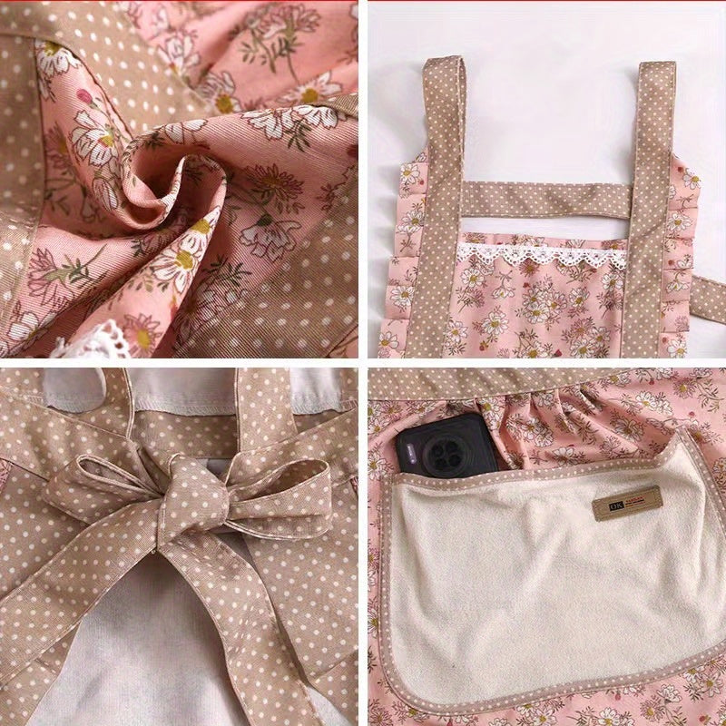 1pc Floral Princess Apron, Adjustable H-Shaped Straps, Hand-Wipe Pocket, Random Floral Pattern, Polyester Fiber - Ideal for Cooking, Baking, Flowers, Princess, Apron, Adjustable Straps, Restaurant Chef Apron Workwear, Kitchen Supplies