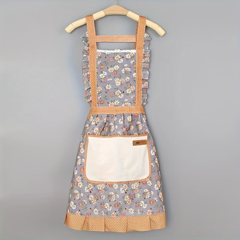 1pc Floral Princess Apron, Adjustable H-Shaped Straps, Hand-Wipe Pocket, Random Floral Pattern, Polyester Fiber - Ideal for Cooking, Baking, Flowers, Princess, Apron, Adjustable Straps, Restaurant Chef Apron Workwear, Kitchen Supplies