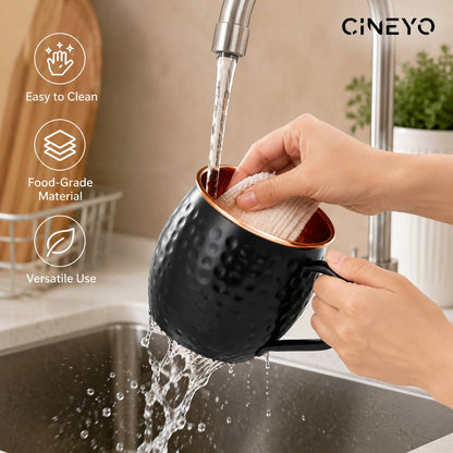 CINEYO Black Pure Copper Hammered Mug, Handcrafted Textured Copper Lined Coffee Cup with Sturdy Ergonomic Handle, Large Multipurpose Drinking Vessel for Coffee Tea Juice, Unique Hammer Pattern Metal Drinkware for Home Office Daily Use