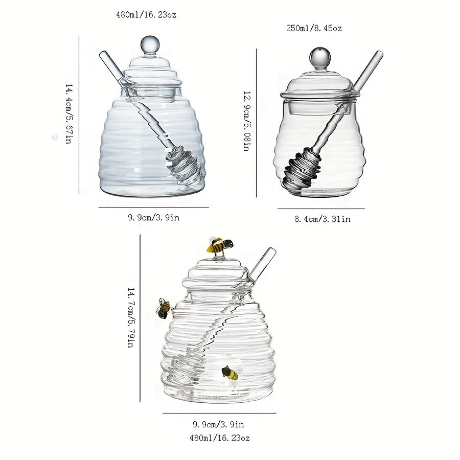 1pc Glass Honey Jar with Dipper & Lid | Transparent High Borosilicate Honey Container | Bee Decorations | Airtight Storage for Honey, Syrup & Jams
