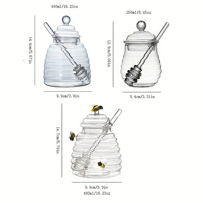 1pc Glass Honey Jar with Dipper & Lid | Transparent High Borosilicate Honey Container | Bee Decorations | Airtight Storage for Honey, Syrup & Jams