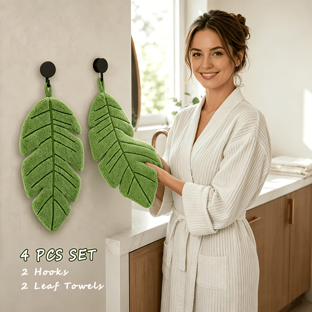4pcs Banana Leaf Hand Towel Set (2 Towels + 2 Wall Hooks) | Coral Fleece Super Soft, Highly Absorbent & Quick-Dry | Hanging Towels for Kitchen and Bathroom | Ideal Home Decor Gift for Plant Lovers | Made in China