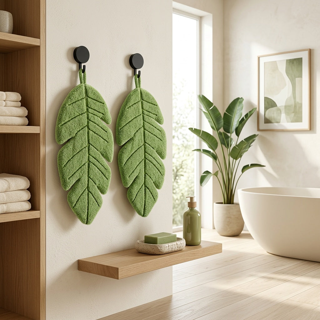 4pcs Banana Leaf Hand Towel Set (2 Towels + 2 Wall Hooks) | Coral Fleece Super Soft, Highly Absorbent & Quick-Dry | Hanging Towels for Kitchen and Bathroom | Ideal Home Decor Gift for Plant Lovers | Made in China