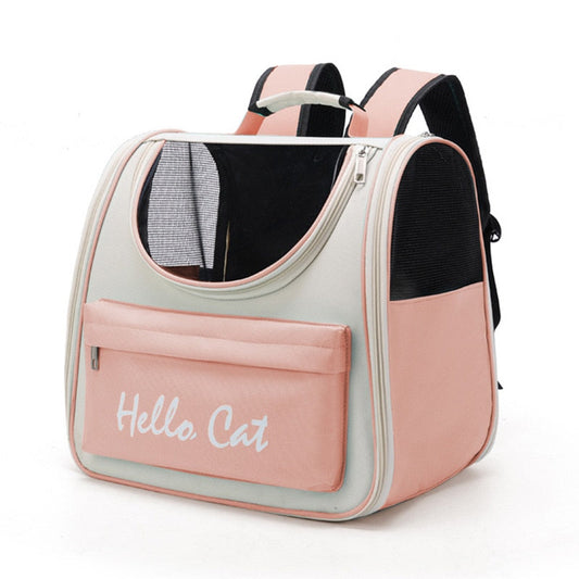Pet carrier backpack with 'Hello Cat' text on a white background
