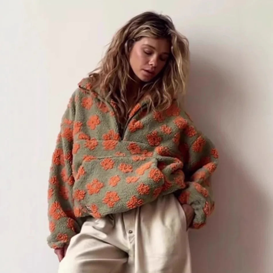 Women's Outerwear 2025 Fall/Winter New Arrival: Fleece-Lined Floral Oversized Zip-Up Faux Shearling Hoodie